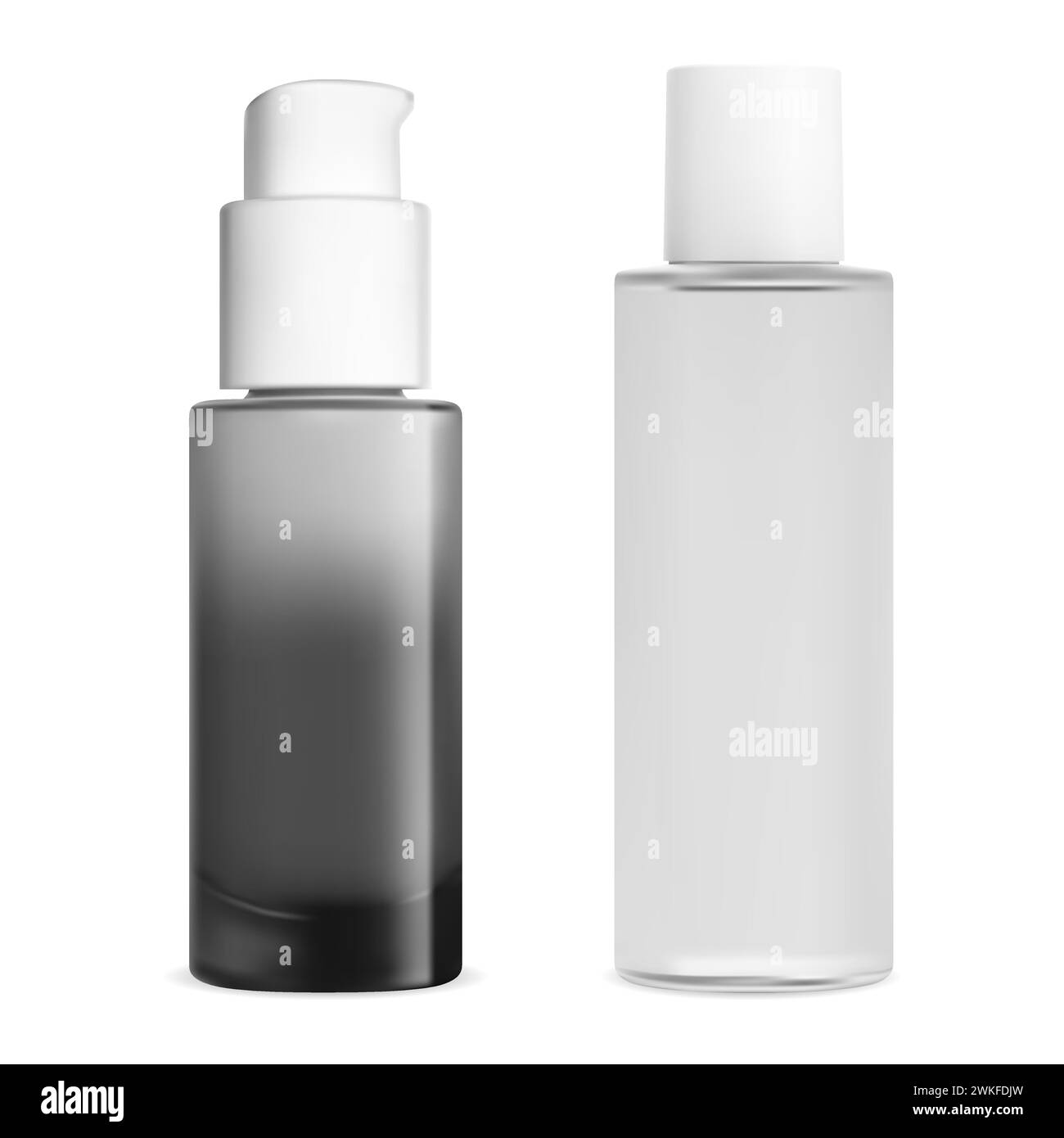 Flacone toner cosmetico. Mock-up di lozione viso-pelle trasparente. Vasetto con essenza idratante per siero realistico. Biberon trasparente senza aria per crema fondente o Illustrazione Vettoriale