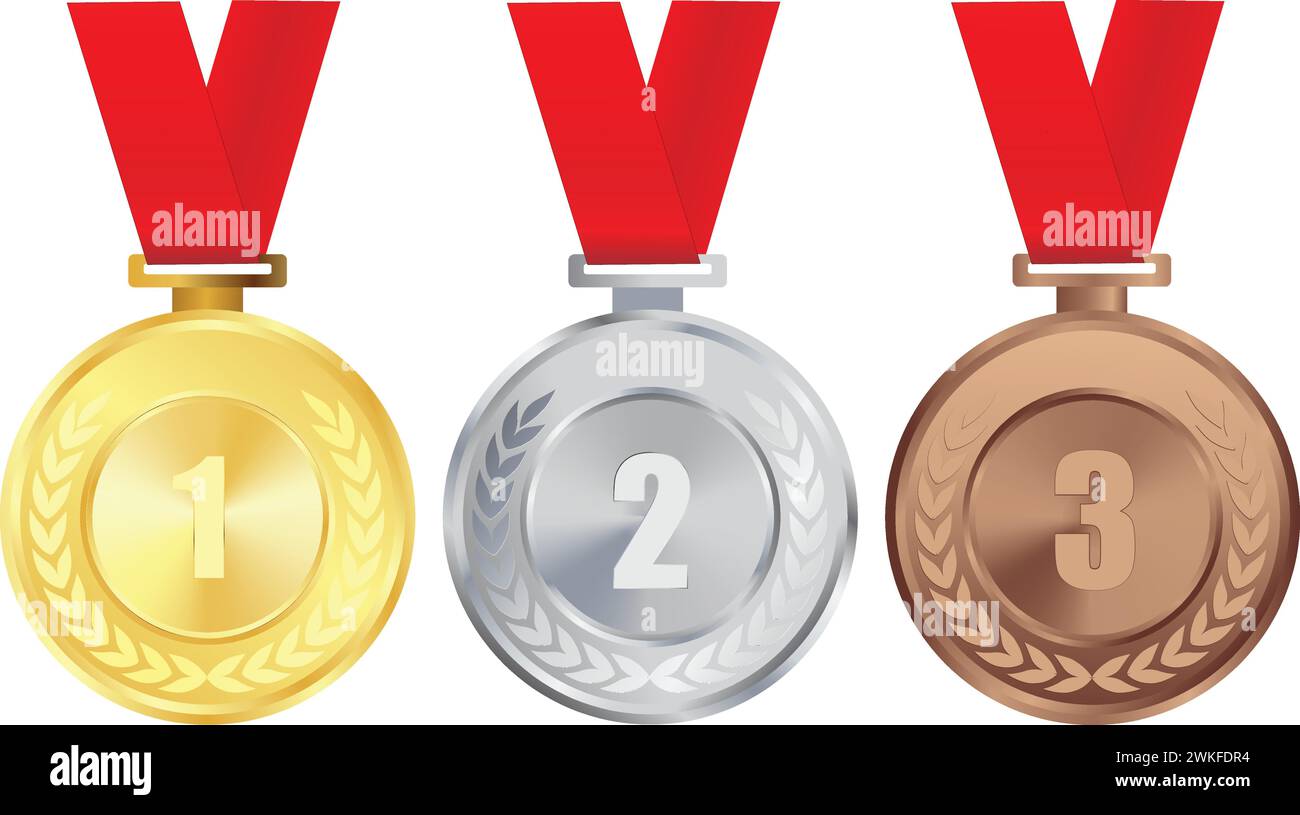 Medaglia d'oro realistica con nastro rosso Vector, 1° premio d'oro, 1° premio, nastro rosso Golden Challenge Award, consegna premio, vincitore della medaglia, primo Illustrazione Vettoriale