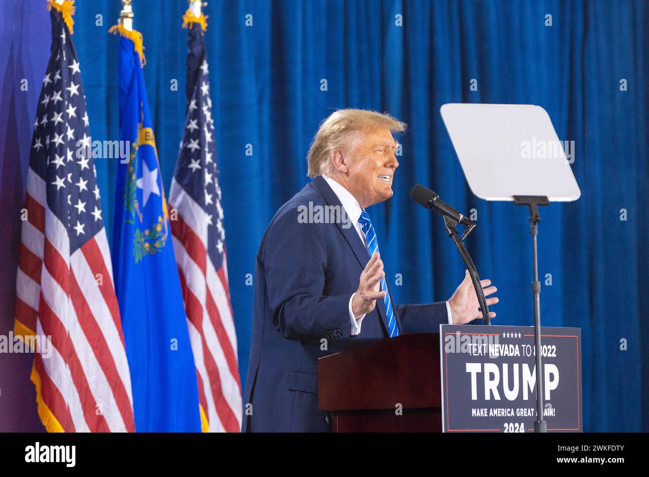 Donald Trump parla a Las Vegas prima delle primarie del Nevada il 27 gennaio 2024. Foto Stock