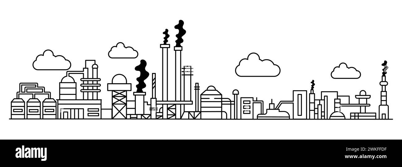 Costruzione di linee vettoriali. Illustrazione attività edile progettazione di fabbrica e magazzino industriale. Disegno produzione esterna Illustrazione Vettoriale