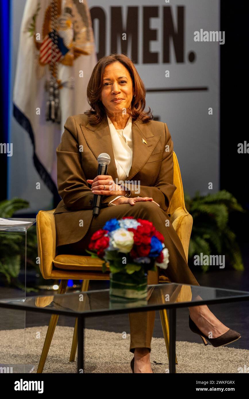 La Vicepresidente Kamala Harris parla ad un evento della campagna elettorale a San Jose, California. Foto Stock