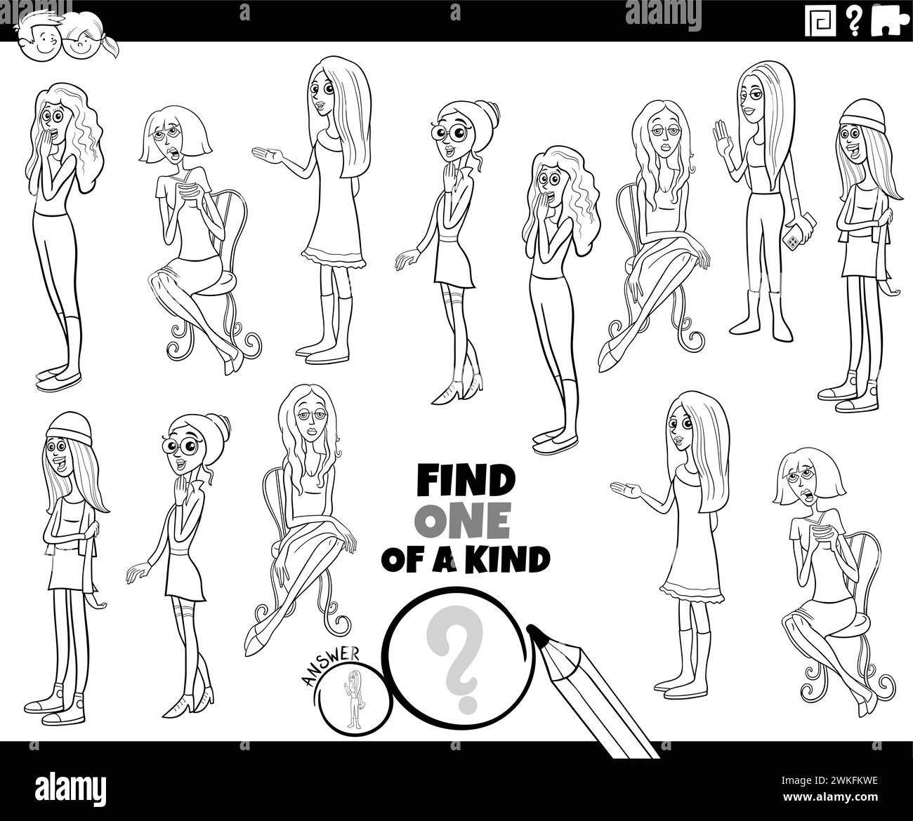 Illustrazione a cartoni animati di Find One of a kind picture attività educativa con giovani donne personaggi che colorano pagina Illustrazione Vettoriale