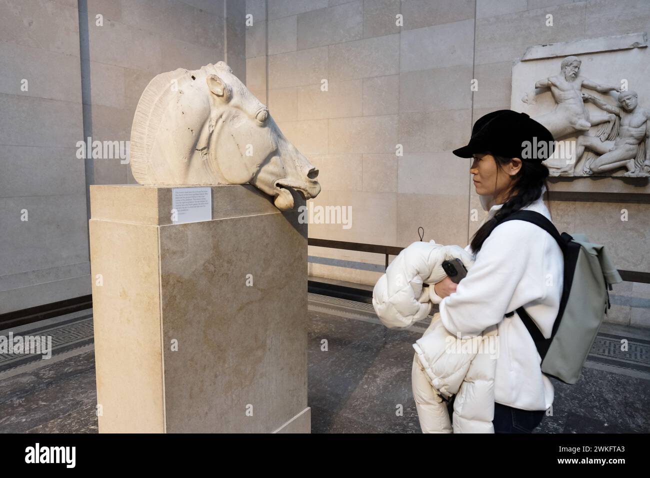 Un cavallo Selene tra i Marmi Elgin, antiche sculture greche del Partenone di Atene in mostra al British Museum di Londra nel Regno Unito Foto Stock