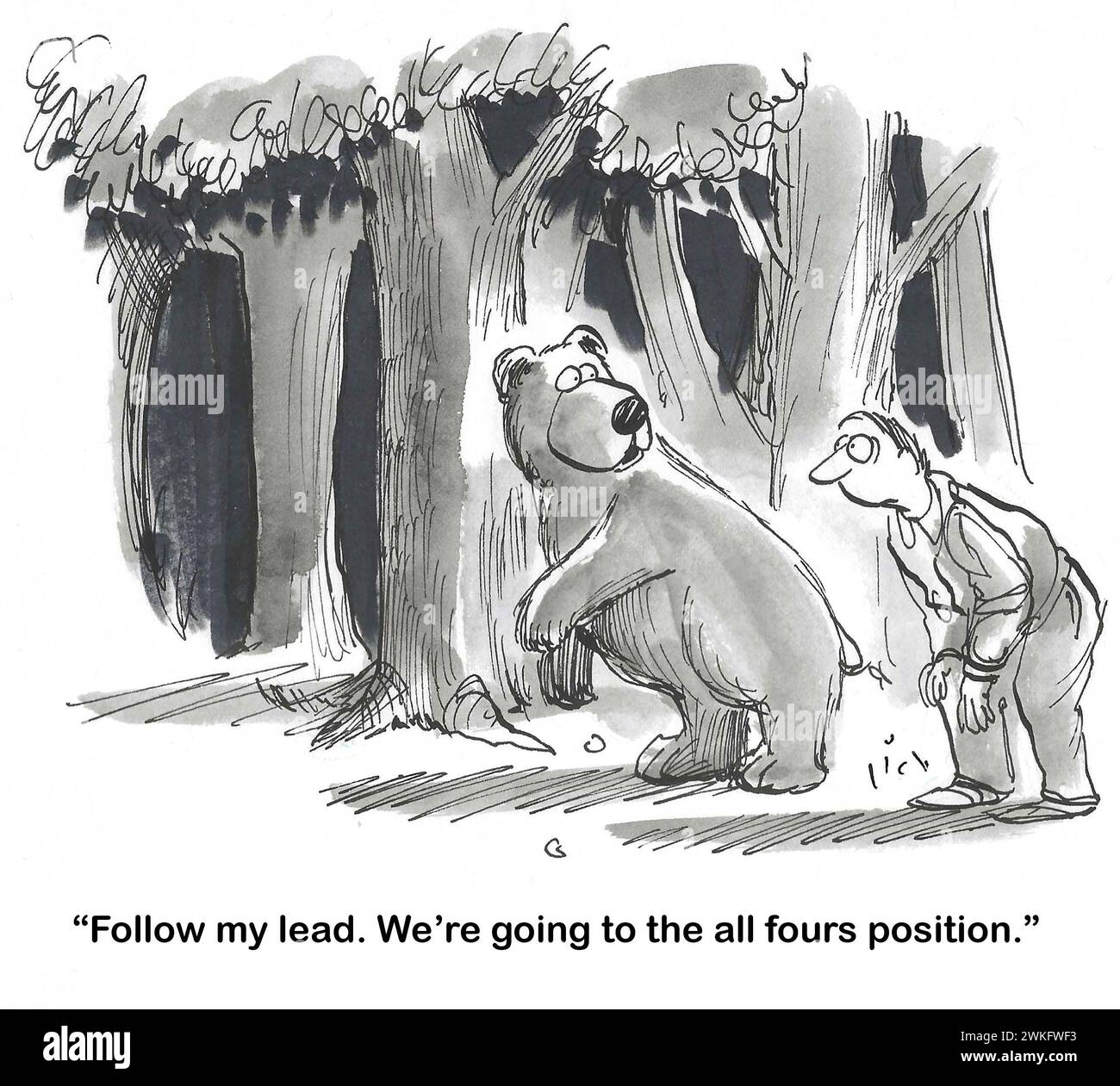 Fumetto BW di un orso e un uomo nel bosco. L'orso dice all'uomo di entrare nella "posizione a tutte le quattro ruote". Foto Stock