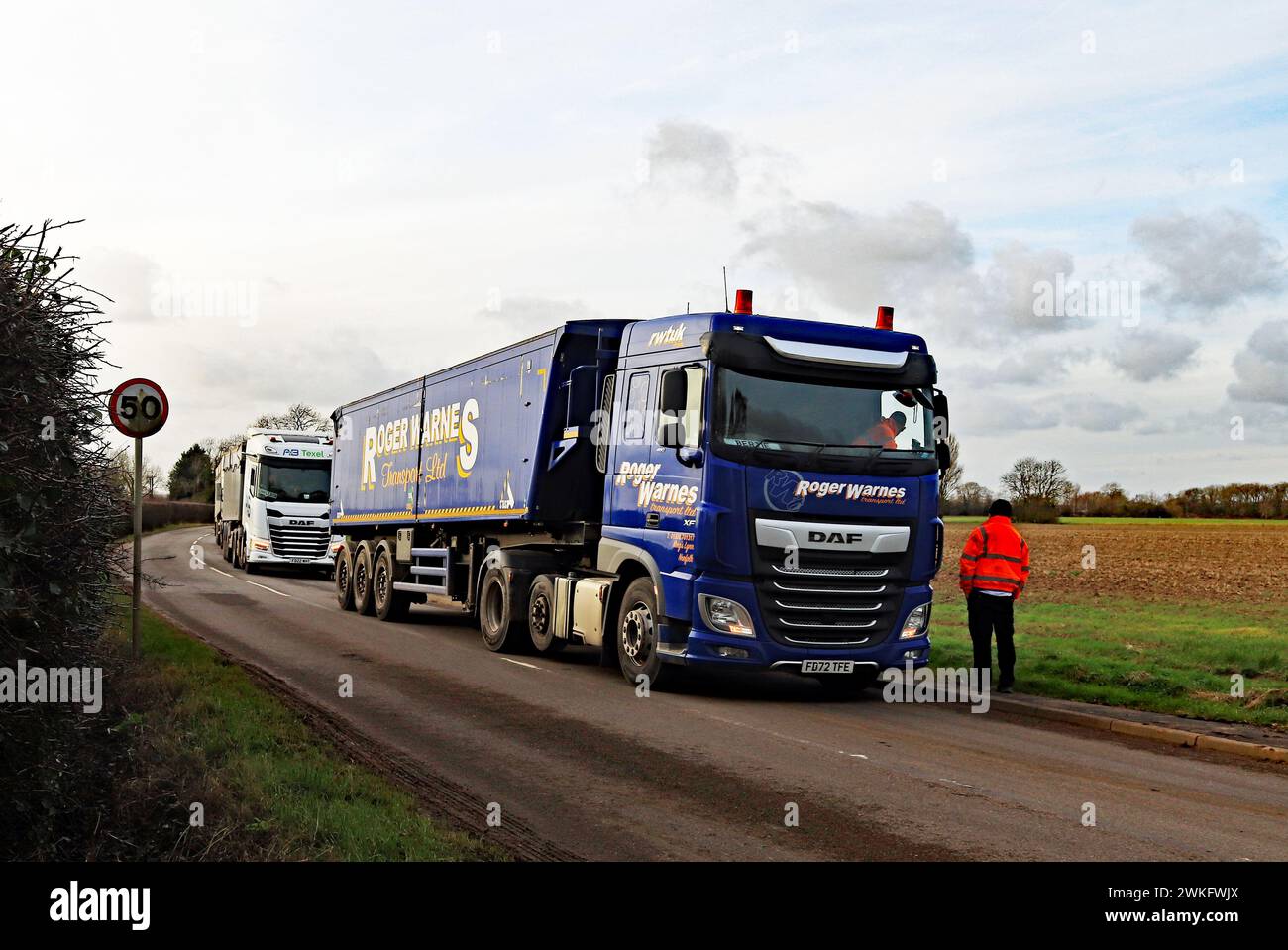 Sulla Wainfleet Road, nel villaggio di Firsby nel Lincolnshire, uno dei camion Roger Warnes è a capo della fila e aspetta di essere caricato con barbabietola da zucchero. Foto Stock