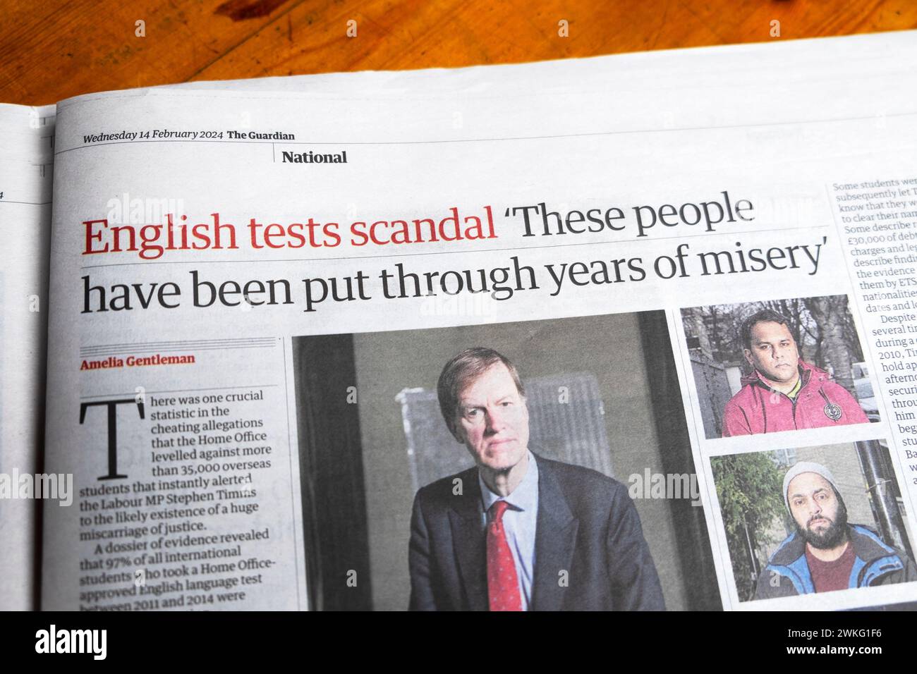 "English tests Scandal 'queste persone sono state sottoposte a anni di miseria' giornale Guardian titolo Home Office Students articolo 14 febbraio 2024 Foto Stock