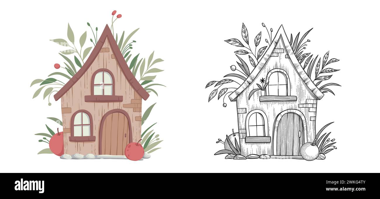 Piccole case, fiori da giardino e alberi. Perfetto per scrapbooking, poster, tag, kit di adesivi, biglietti di auguri, inviti alla festa. Vettore disegnato a mano Illustrazione Vettoriale