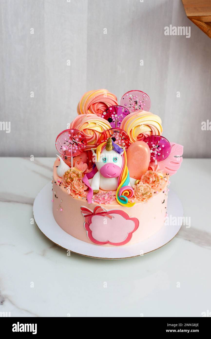 Torta di compleanno con simpatici unicorno fondente, lecca lecca, meringhe, papaveri e fiori di cioccolato per una bambina o un bambino. Text buon compleanno Foto Stock