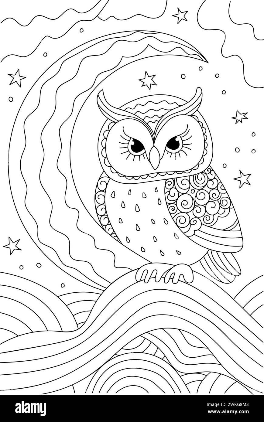 Owl sitting on Moon è Una pagina di libri da colorare per bambini e studenti delle scuole Illustrazione Vettoriale