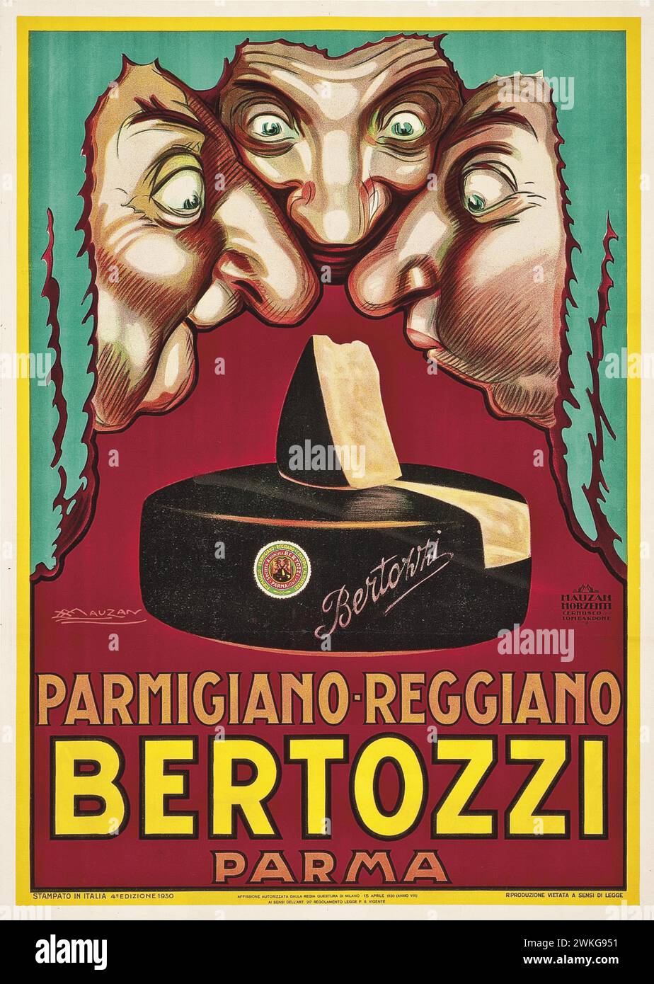 Poster pubblicitario italiano d'epoca per Bertozzi Permigiono Reggiano, Parma di Mauzan 1930 Foto Stock