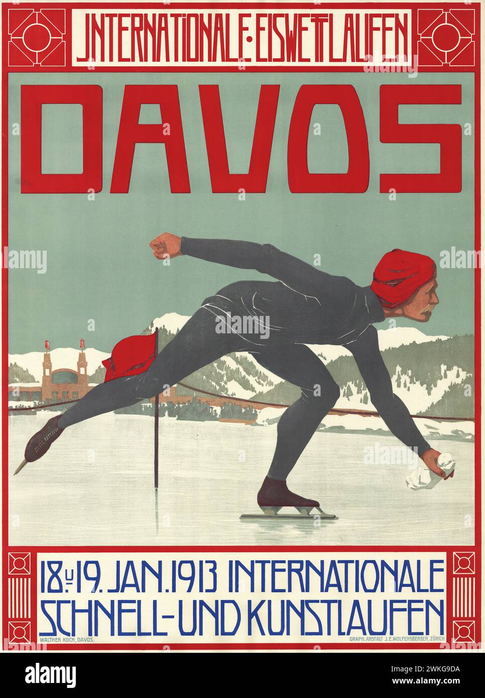 Poster Sport d'epoca Davos International Speed Skating Competition 1913 di Walther Koch, Foto Stock