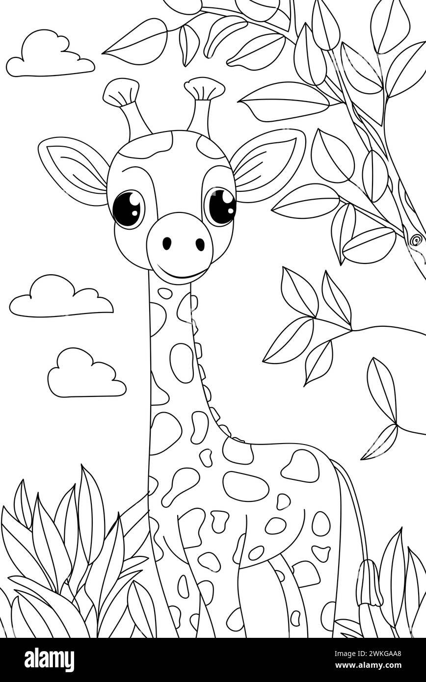 Libro da colorare per bambini con pagine da colorare a tema giraffa Illustrazione Vettoriale
