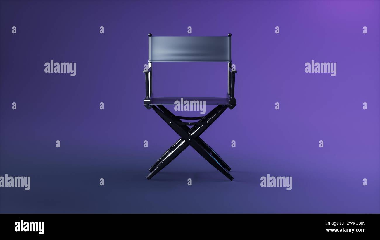 Sedia Director su sfondo Dark Purple Studio. Produzione cinematografica o progettazione di eventi. Illustrazione di rendering 3D. Foto Stock
