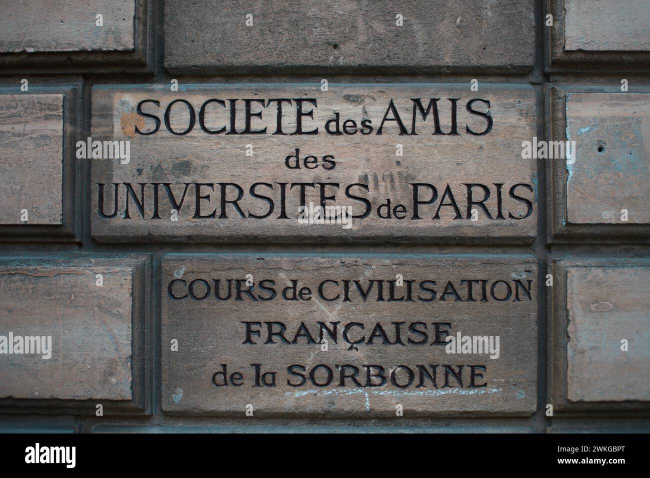 Targhe in pietra incise con testo francese dell'Università di Parigi, Sorbona, che simboleggiano l'istruzione e il mondo accademico. Foto Stock