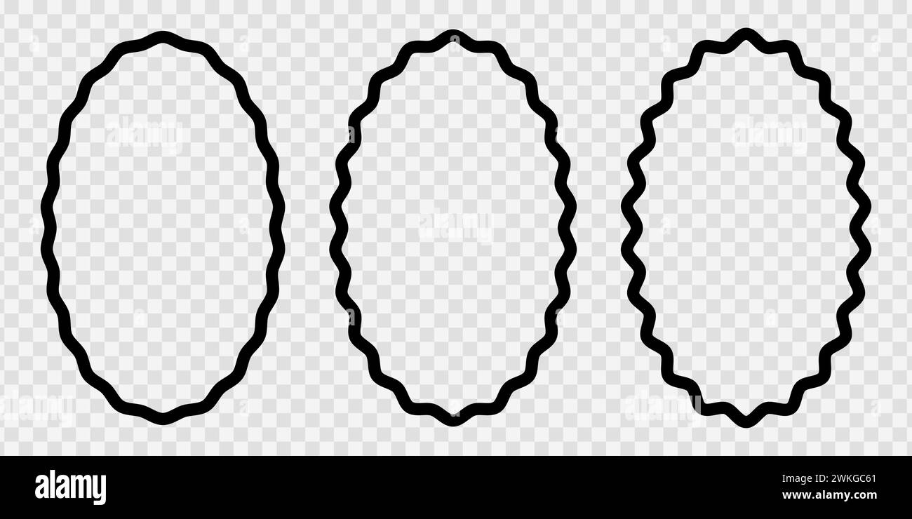 Set di cornici ovali con bordi mossi. Forme di vignettatura con bordi ondulati, ondulati, ondulati e seghettati isolati su sfondo bianco. Illustrazione grafica vettoriale. Illustrazione Vettoriale