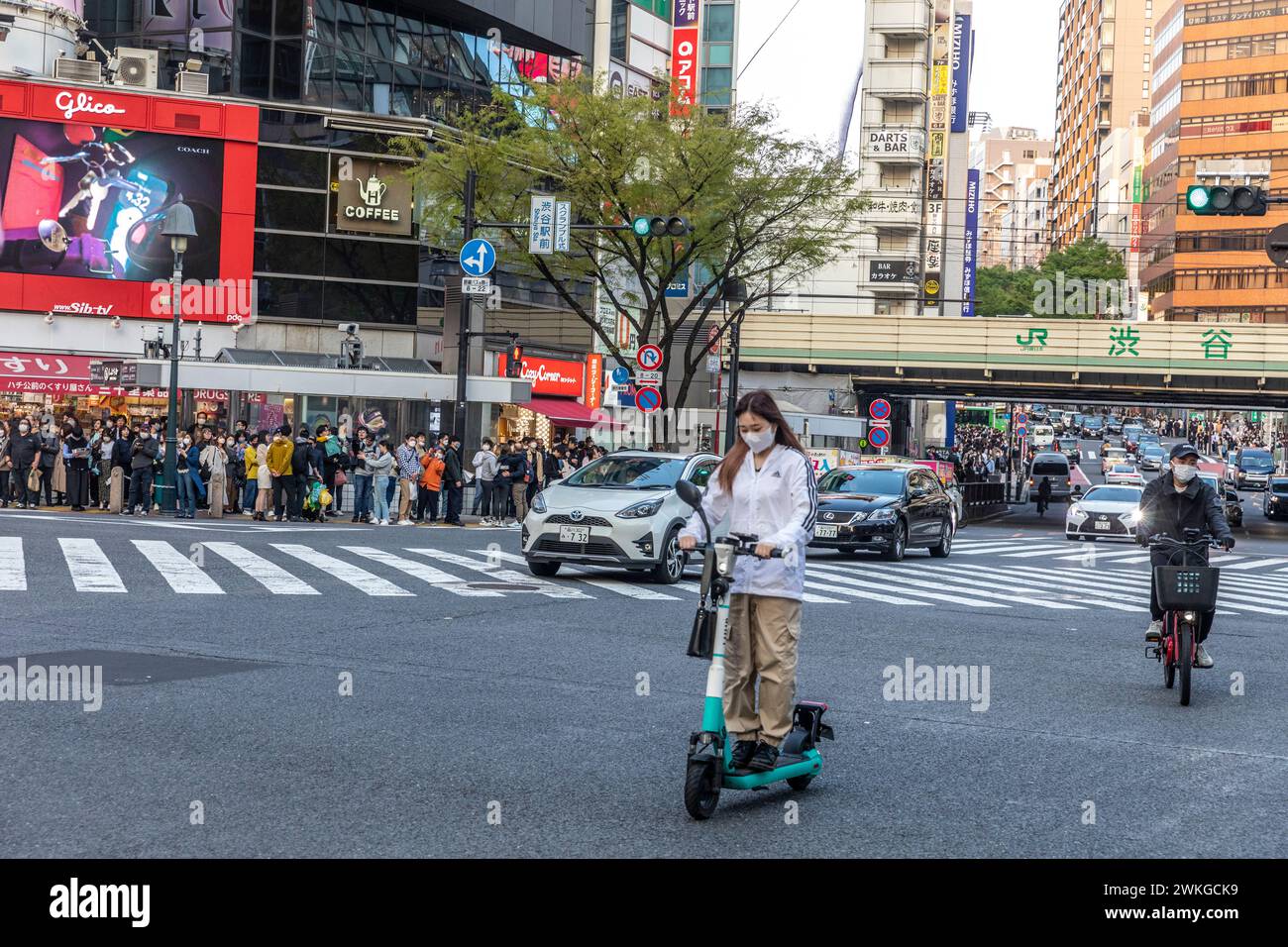Città di Shibuya, famosa traversata di Shibuya, traversata dei pellicani, in prima serata, folle sulla strada, Tokyo, Giappone, Asia, 2023 Foto Stock