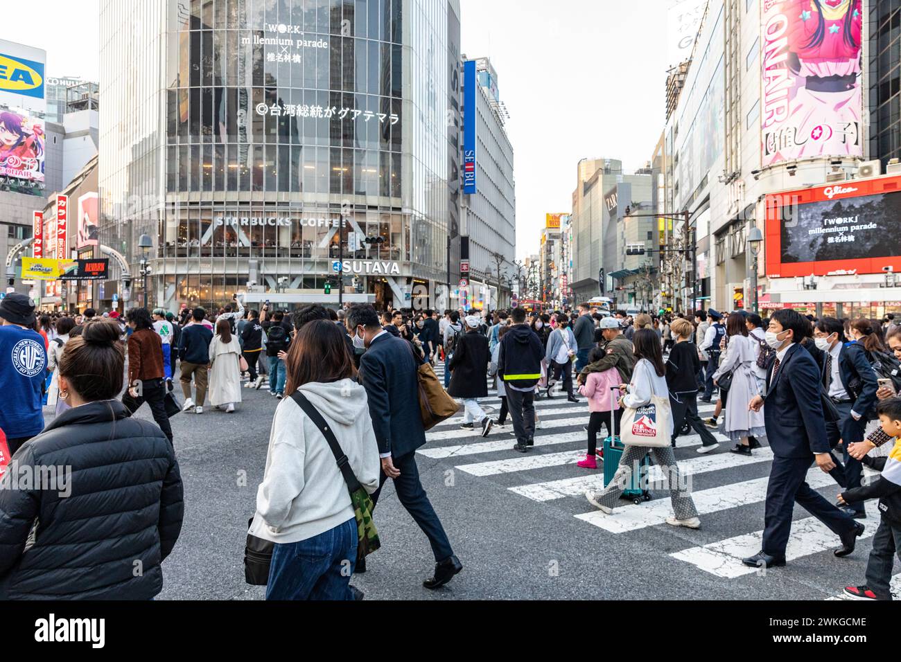 Città di Shibuya, famosa traversata di Shibuya, traversata dei pellicani, in prima serata, folle sulla strada, Tokyo, Giappone, Asia, 2023 Foto Stock