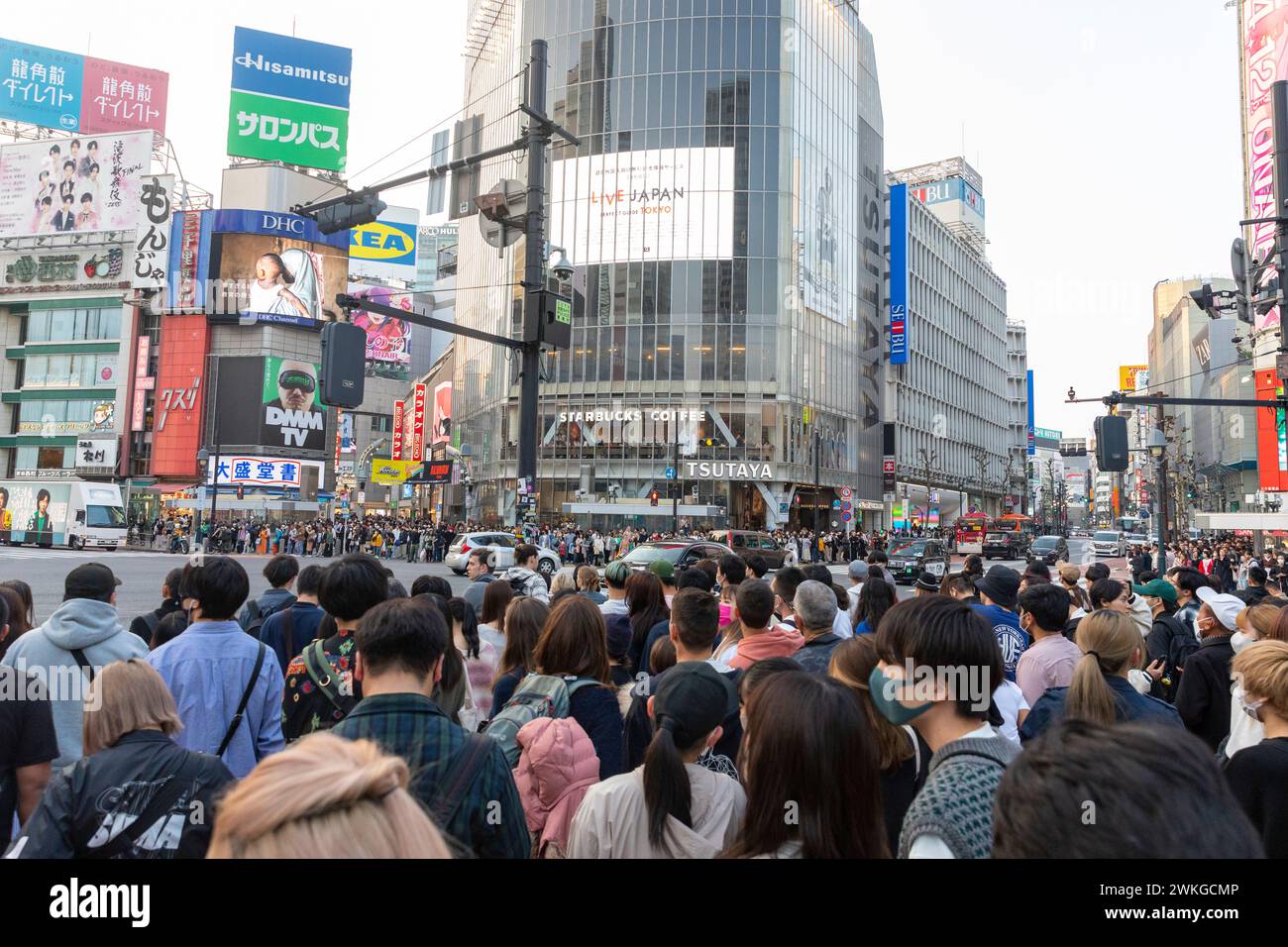 Città di Shibuya, famosa traversata di Shibuya, traversata dei pellicani, in prima serata, folle sulla strada, Tokyo, Giappone, Asia, 2023 Foto Stock