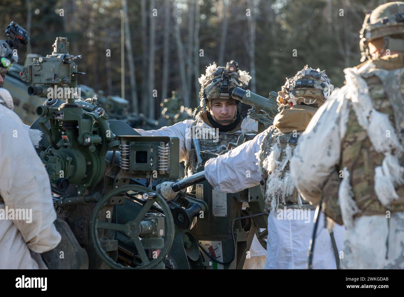 Soldati dell'esercito statunitense assegnati all'11th Airborne Division MAN un sistema d'arma d'artiglieria durante il Joint Pacific Multinational Readiness Center 24-02 vicino alla Donnelly Training area, Alaska, 16 febbraio 2024. Lo scenario delle operazioni di combattimento su larga scala utilizzato in JPMRC 24-02 aiuta i soldati e i leader a sviluppare e perfezionare le tattiche, le tecniche e le procedure necessarie per operare con successo in condizioni invernali artiche remote ed estreme e superare le sfide ambientali e militari. (Foto U.S. Army di SPC. Abreanna Goodrich) Foto Stock