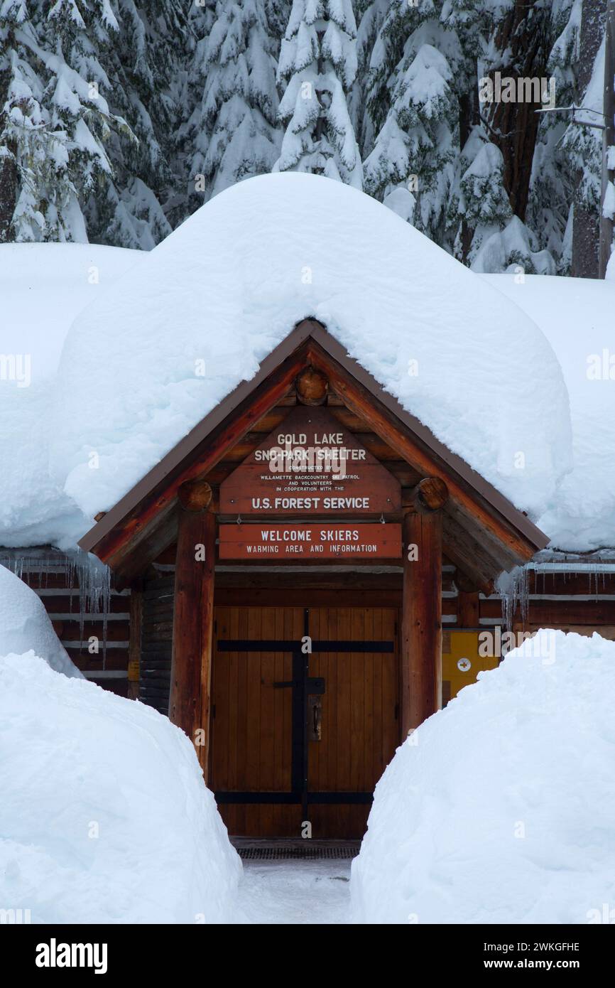 Lago d'oro sno-park shelter, Willamette National Forest, Oregon Foto Stock