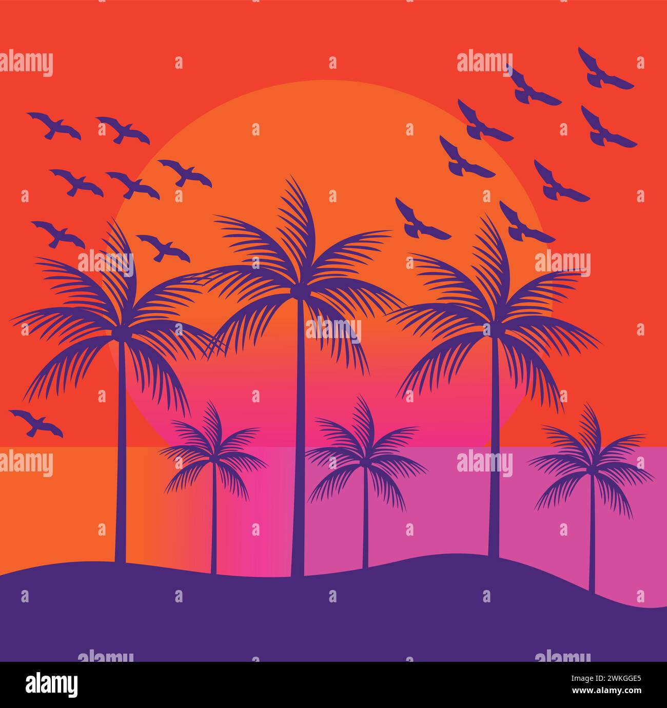 Cartoon vettoriale bellissime palme e uccelli al tramonto, splendido sfondo rosso Illustrazione Vettoriale