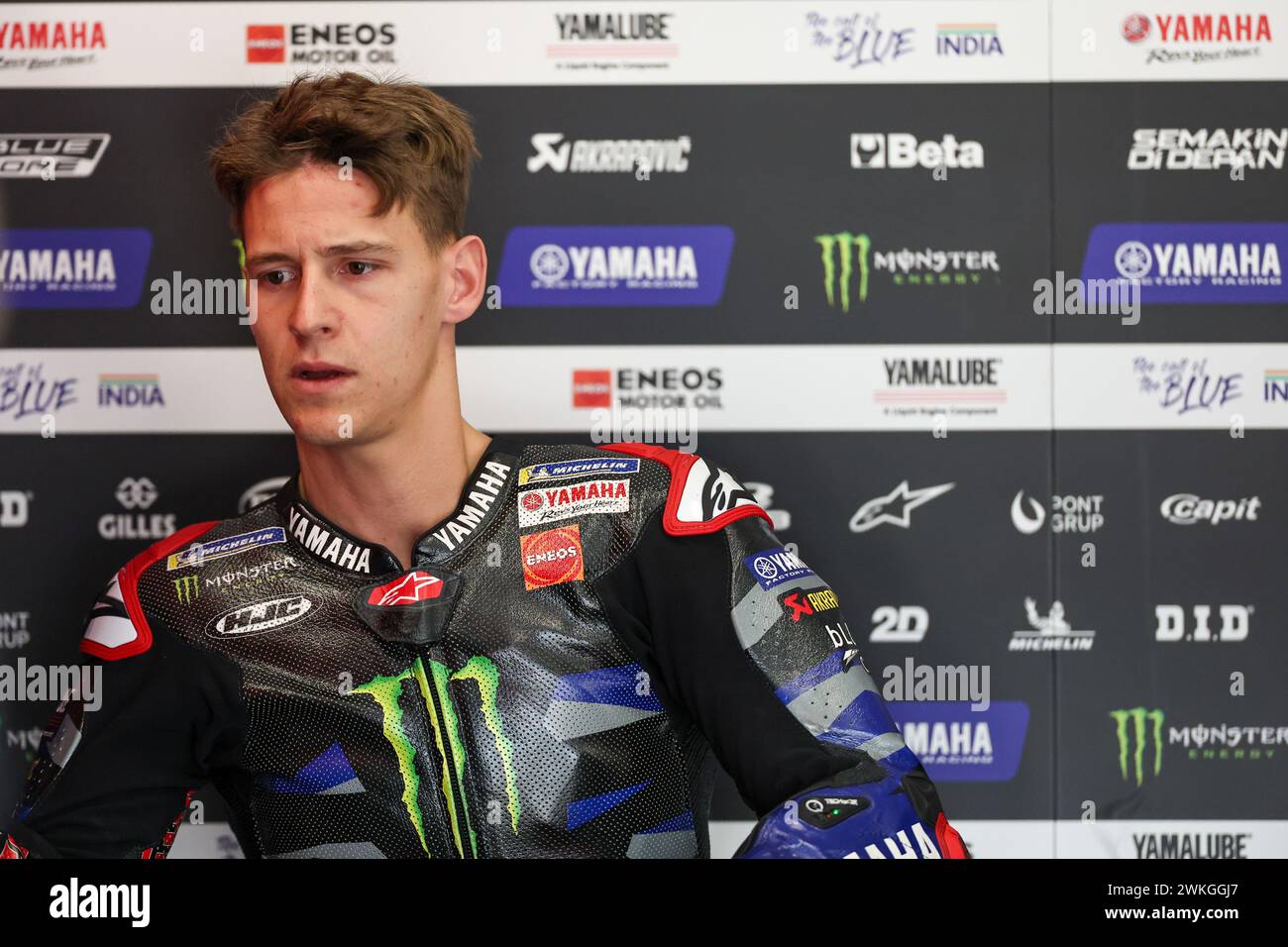 Doha, Qatar. 20 febbraio 2024. Il pilota francese Fabio Quartararo di Monster Energy Yamaha è stato visto nella seconda giornata dei test pre-stagionali MotoGP al Lusail International Circuit di Lusail, Doha, Qatar, 20 febbraio 2024. Crediti: Qian Jun/Xinhua/Alamy Live News Foto Stock