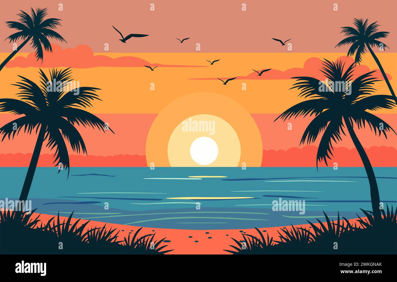 Design piatto di un bellissimo paesaggio di spiaggia con palme al tramonto Illustrazione Vettoriale