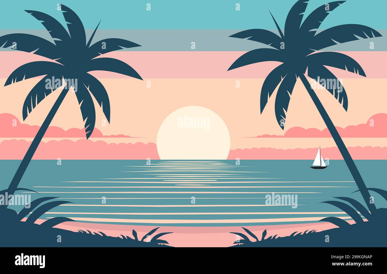 Design piatto della spiaggia e del paesaggio naturale con tramonto nel cielo Illustrazione Vettoriale