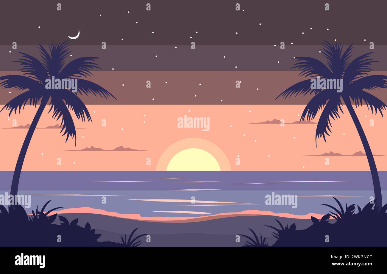 Design piatto con vista mare e natura e palme tropicali di notte Illustrazione Vettoriale