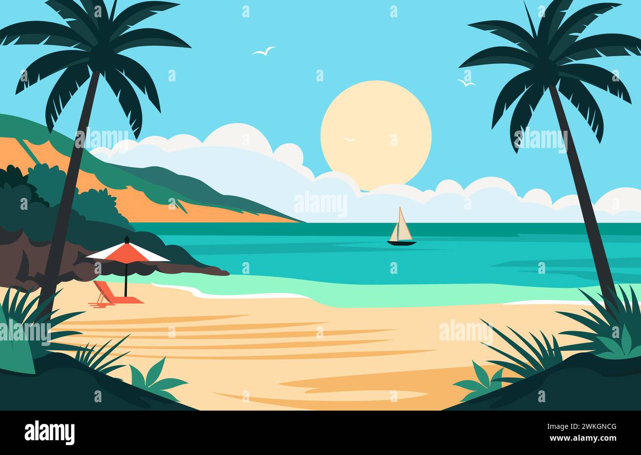 Design piatto delle vacanze estive sulla spiaggia con palme tropicali Illustrazione Vettoriale