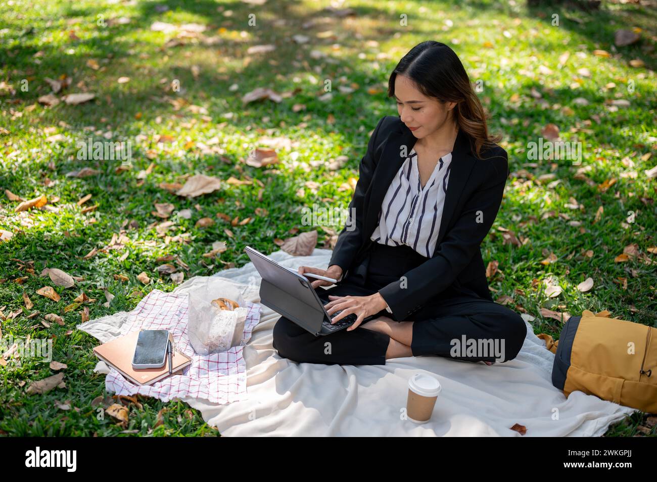 Una donna d'affari asiatica positiva e attraente che lavora a distanza in un parco, lavorando sul suo tablet digitale su un tappetino da picnic. Foto Stock