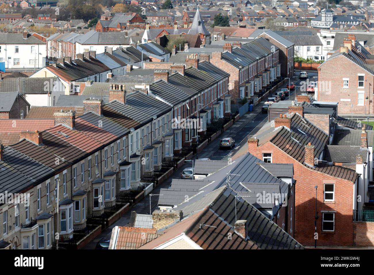 Case in una zona residenziale vicino allo stadio di calcio Anfield del Liverpool FC, 02/03/2019 Foto Stock