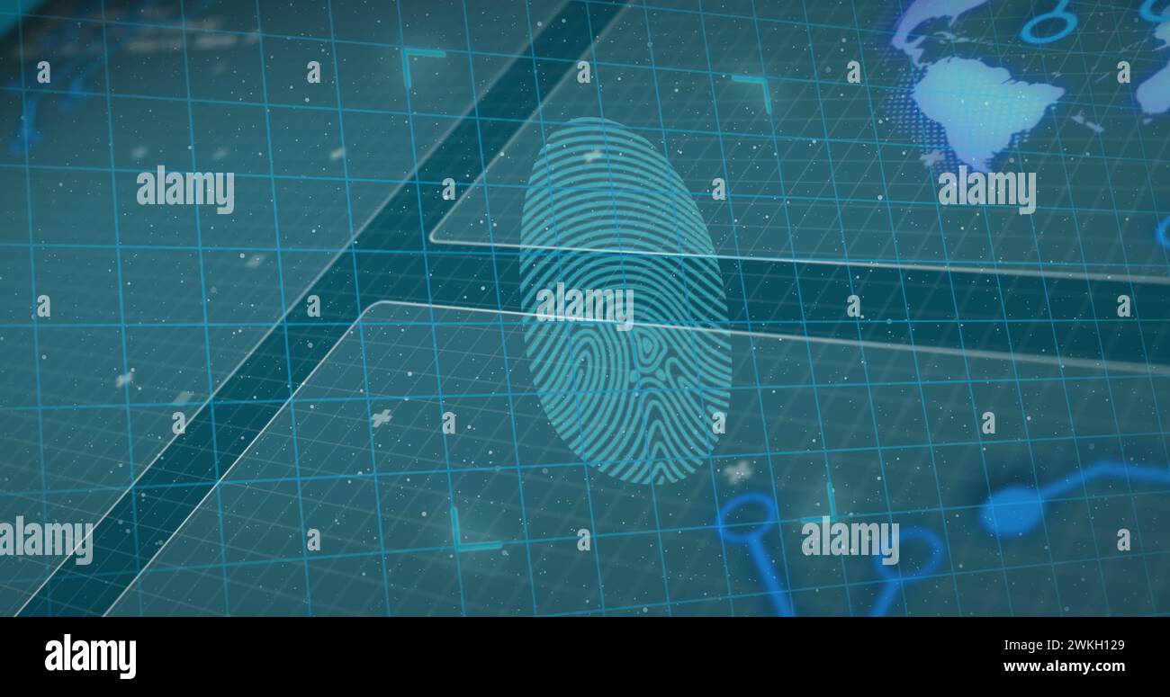 Immagine della scansione delle impronte digitali su uno schermo, controllo di sicurezza informatica Foto Stock
