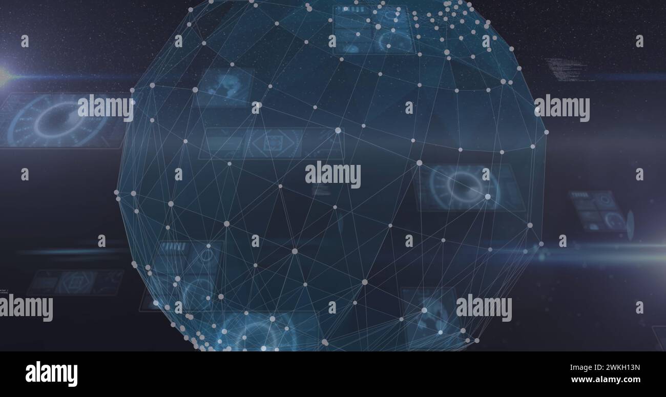 Immagine della rete di connessioni e oscilloscopi che esegue la scansione su sfondo blu Foto Stock