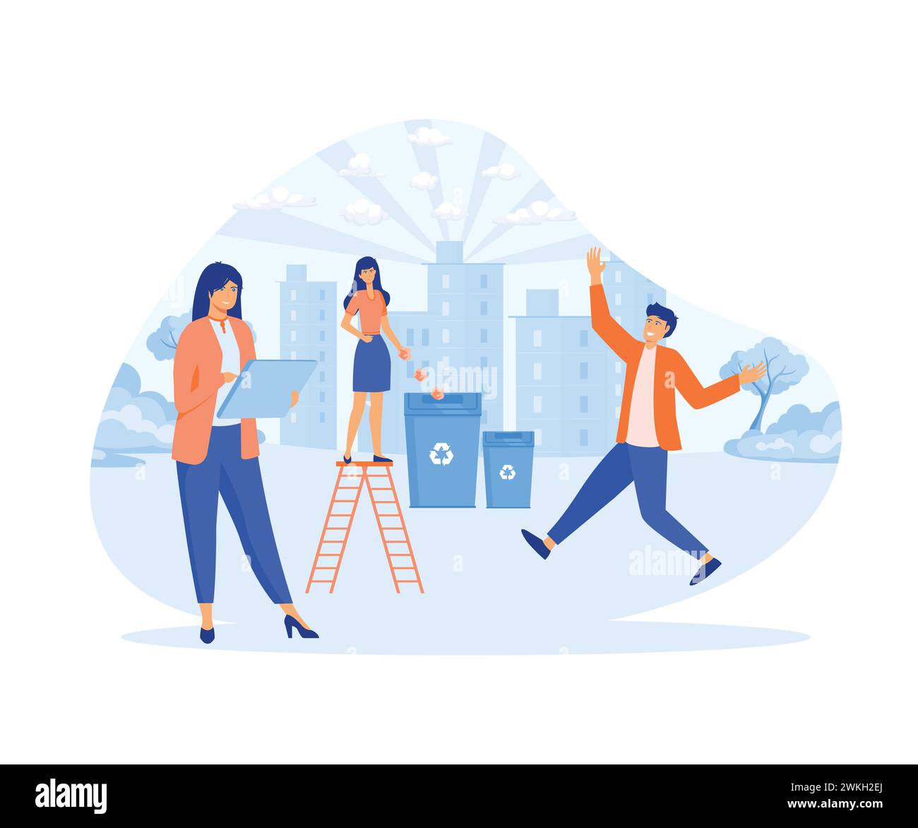 Concetto di ecologia. La gente si prende cura dell'ecologia del pianeta. Contenitore della spazzatura con alberi, piante e volontari. illustrazione moderna a vettore piatto Illustrazione Vettoriale
