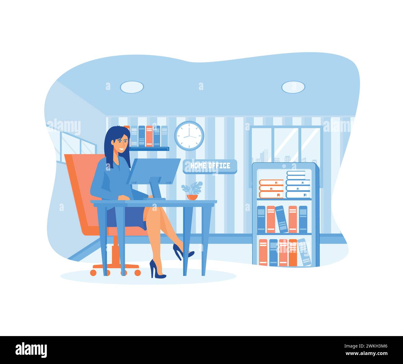 Donna che lavora da casa e parla con i colleghi online. Donna seduta al tavolo in camera, che guarda lo schermo del computer. illustrazione moderna vettoriale piatta Illustrazione Vettoriale