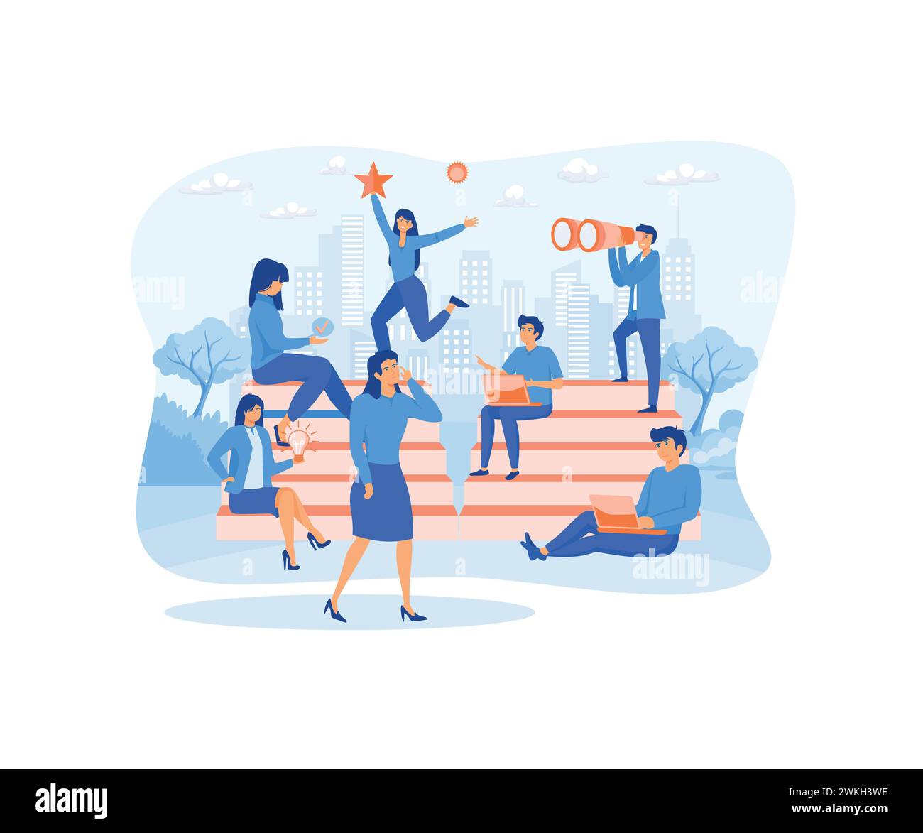 La crescita di sé e il progresso dello sviluppo personale fanno progredire le persone piccole. Raggiungimento degli obiettivi di carriera e del successo.illustrazione moderna a vettore piatto Illustrazione Vettoriale