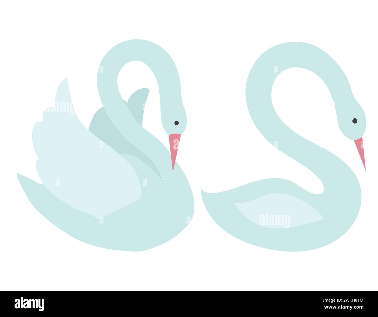 Due cigni bianchi in stile cartoon. Illustrazione vettoriale su sfondo bianco. Illustrazione Vettoriale