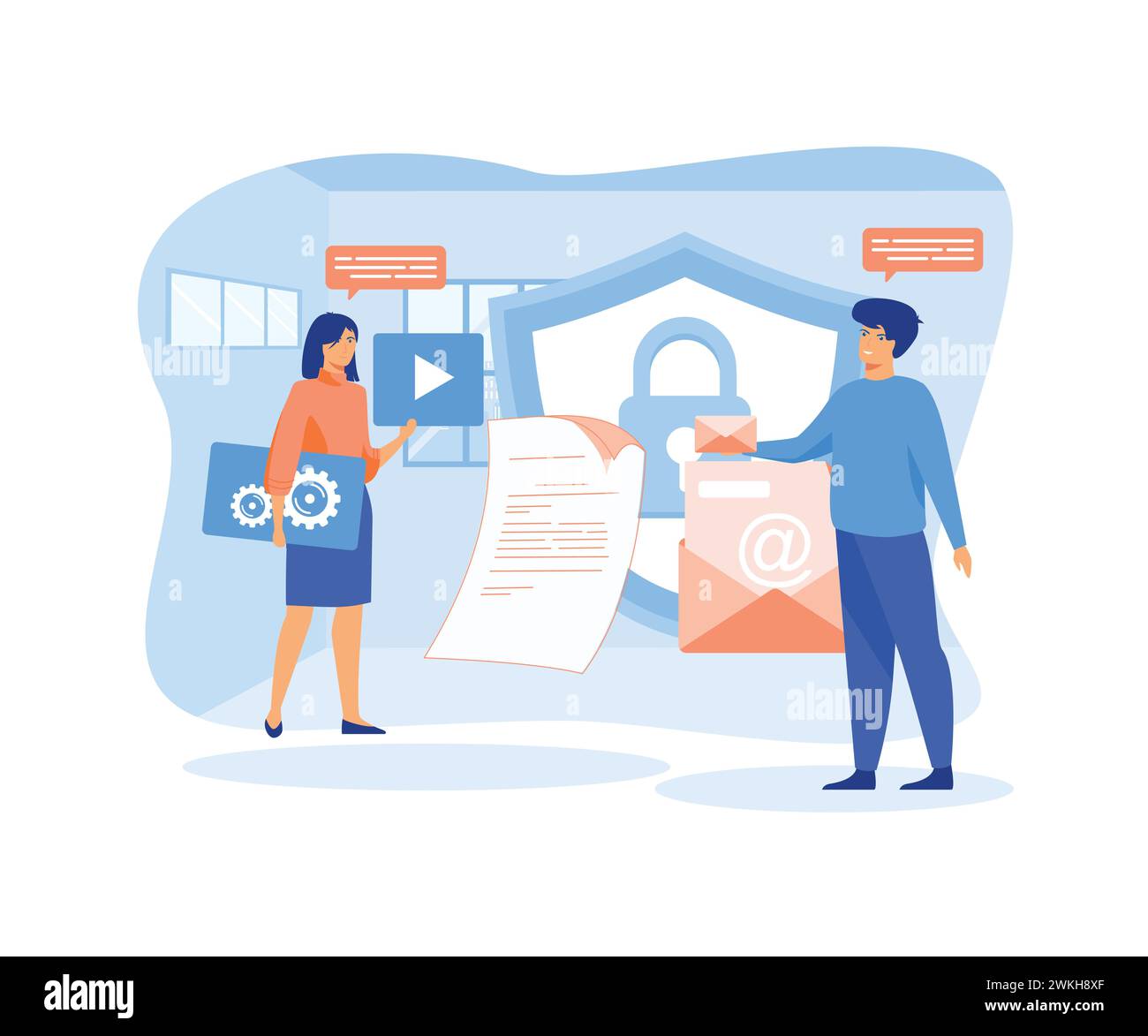 Concetto di protezione dei dati. Sicurezza e protezione dei dati riservati, sicurezza di Internet. Social media. illustrazione moderna vettoriale piatta Illustrazione Vettoriale