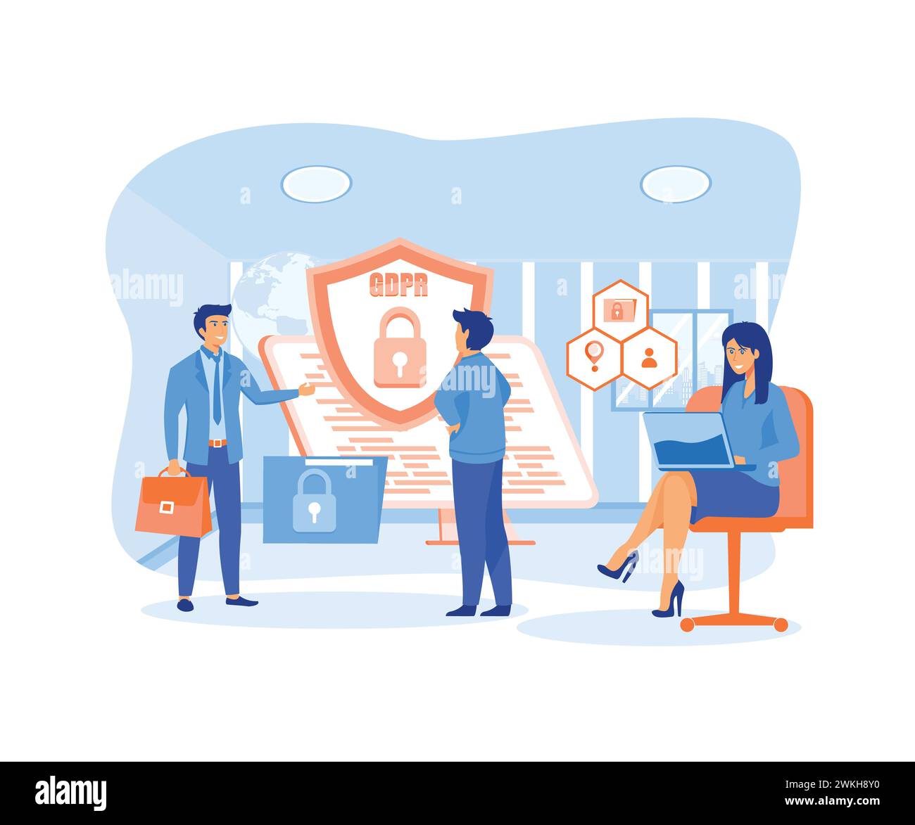 The Little Guys che protegge i dati aziendali e le informazioni legali normative generali sulla privacy per la protezione dei dati personali. flat vector modern ill Illustrazione Vettoriale