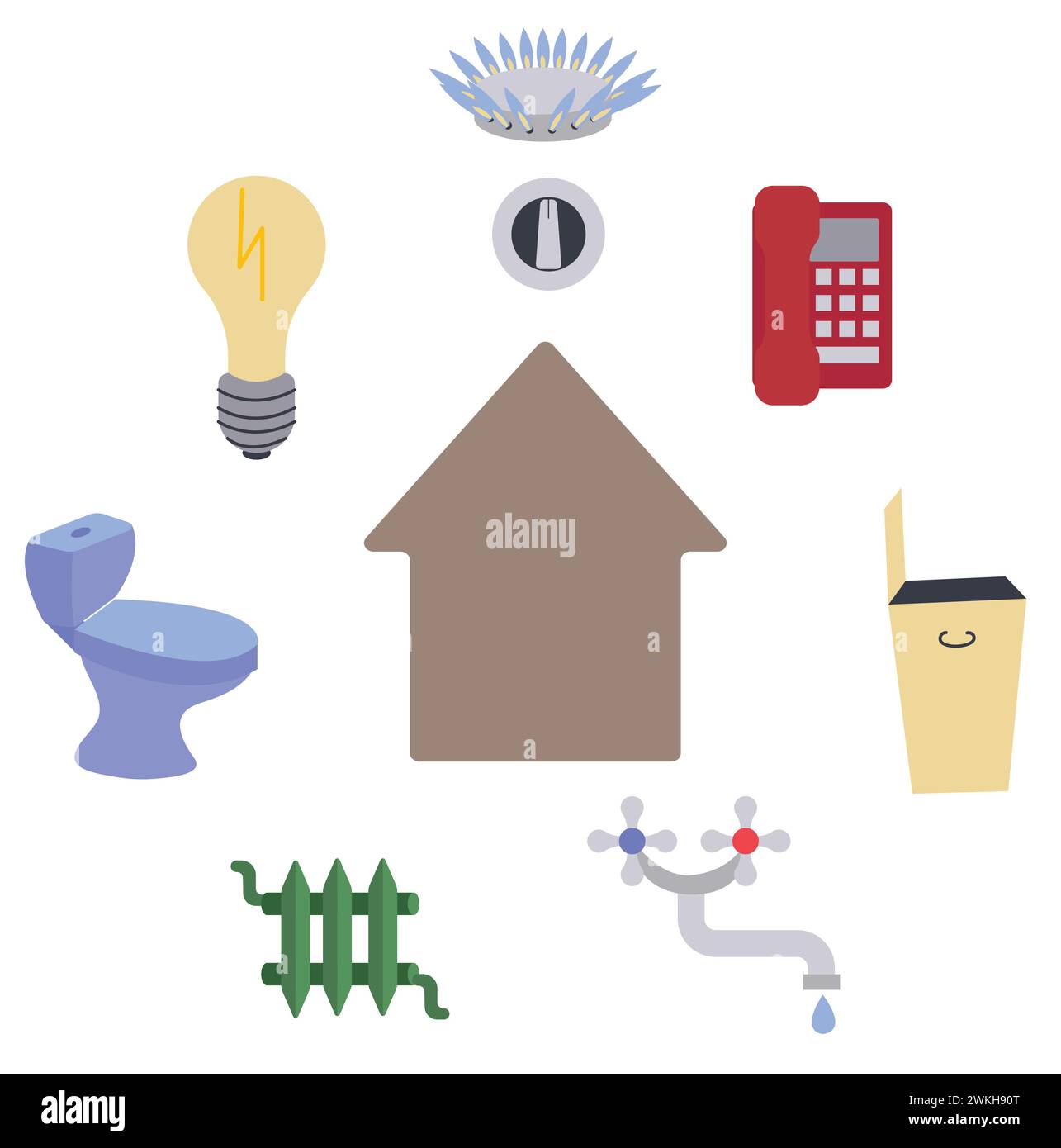 Gas, elettricità, acqua, riscaldamento, reti fognarie, telefono, set di icone della raccolta rifiuti. Il concetto di risparmio energetico e di pagamento delle bollette. Stock vettoriale Illustrazione Vettoriale
