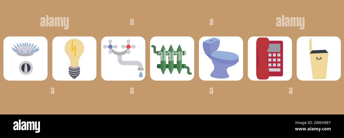 Gas, elettricità, acqua, riscaldamento, reti fognarie, telefono, set di icone della raccolta rifiuti. Il concetto di risparmio energetico e di pagamento delle bollette. Stock vettoriale Illustrazione Vettoriale