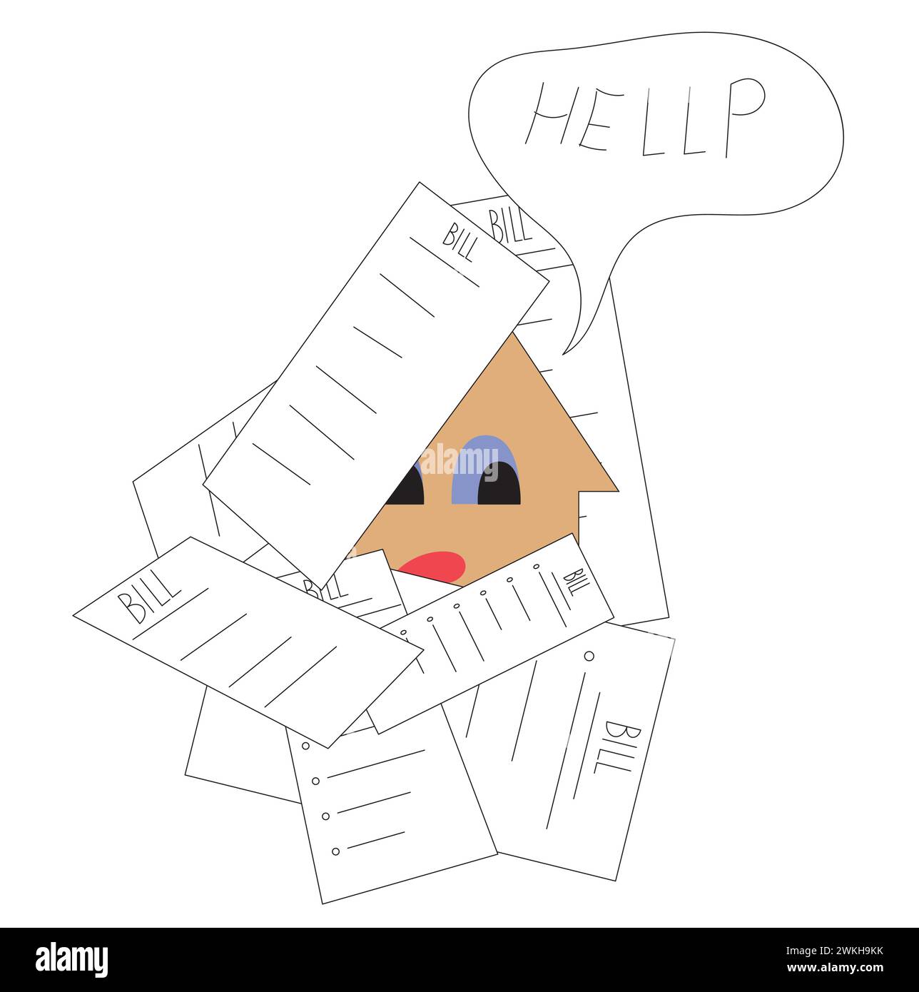 La casa triste è cosparsa di forme di legge per i servizi comunali, la casa chiede aiuto. Concetto di alto Illustrazione Vettoriale