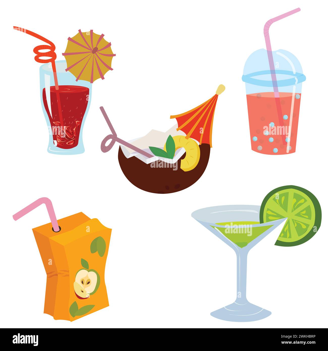 Set di bevande fredde estive. Illustrazione vettoriale su sfondo bianco. Illustrazione Vettoriale