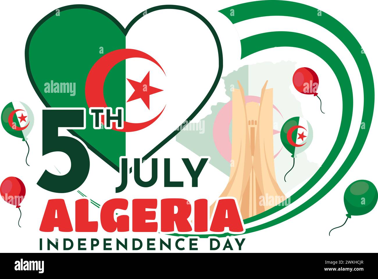 Felice Algeria Independence Day illustrazione vettoriale con bandiera ondulata e mappa in National Holiday Flat Cartoon background Design Illustrazione Vettoriale