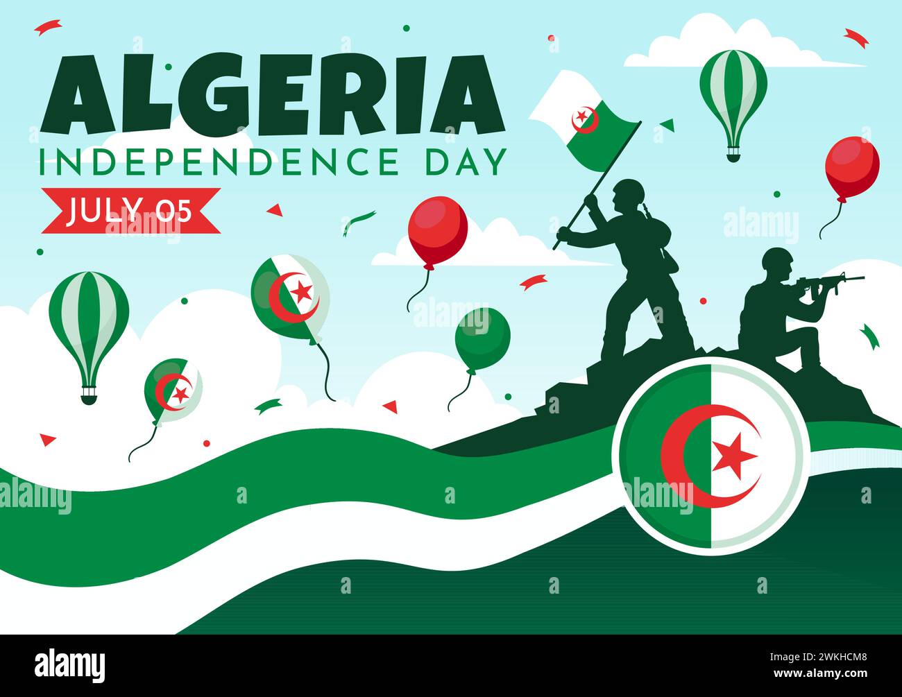 Felice Algeria Independence Day illustrazione vettoriale con bandiera ondulata e mappa in National Holiday Flat Cartoon background Design Illustrazione Vettoriale