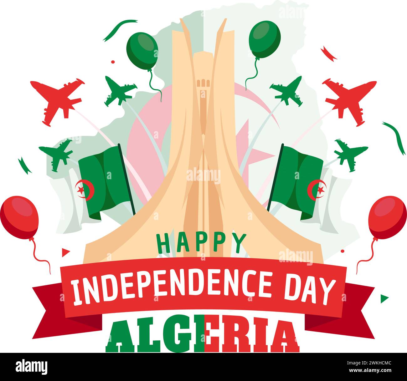 Felice Algeria Independence Day illustrazione vettoriale con bandiera ondulata e mappa in National Holiday Flat Cartoon background Design Illustrazione Vettoriale
