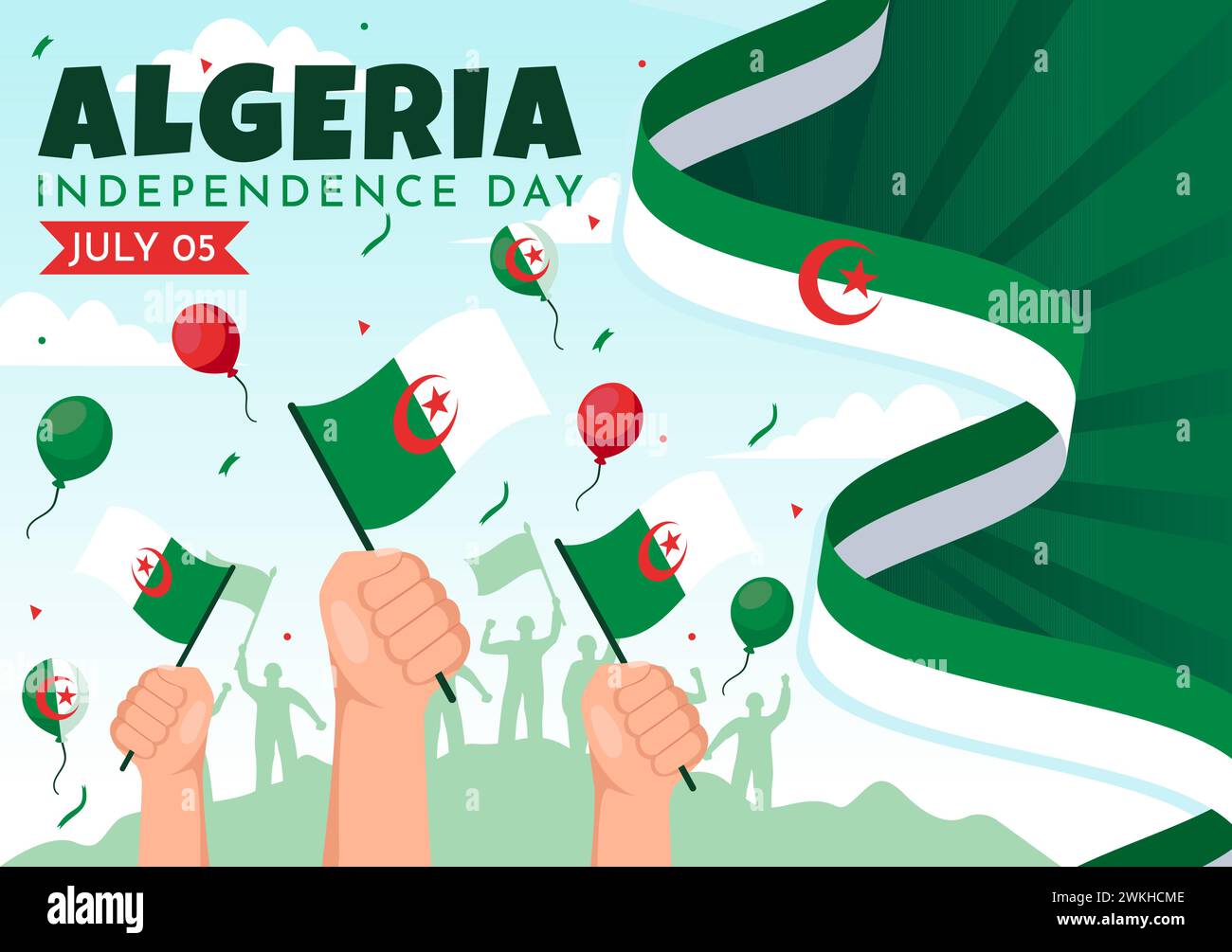 Felice Algeria Independence Day illustrazione vettoriale con bandiera ondulata e mappa in National Holiday Flat Cartoon background Design Illustrazione Vettoriale