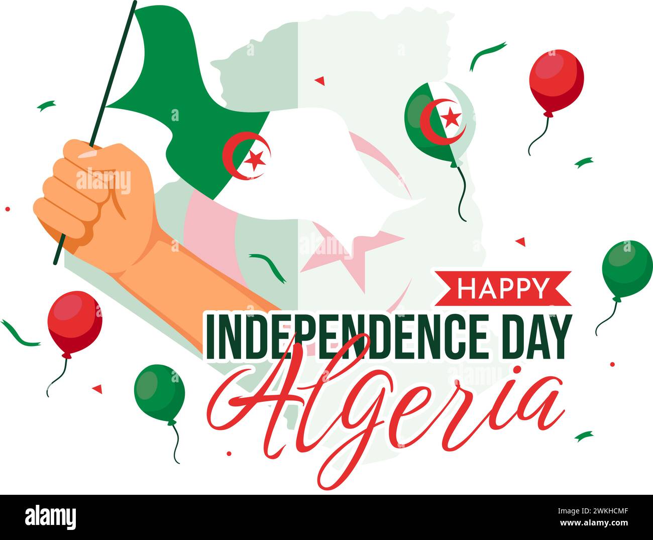 Felice Algeria Independence Day illustrazione vettoriale con bandiera ondulata e mappa in National Holiday Flat Cartoon background Design Illustrazione Vettoriale