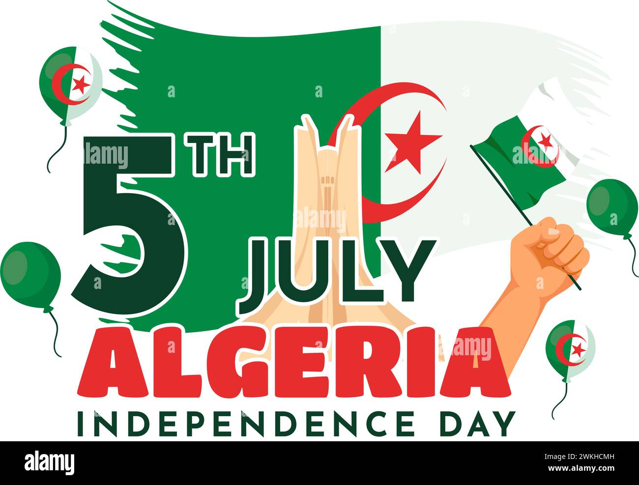 Felice Algeria Independence Day illustrazione vettoriale con bandiera ondulata e mappa in National Holiday Flat Cartoon background Design Illustrazione Vettoriale